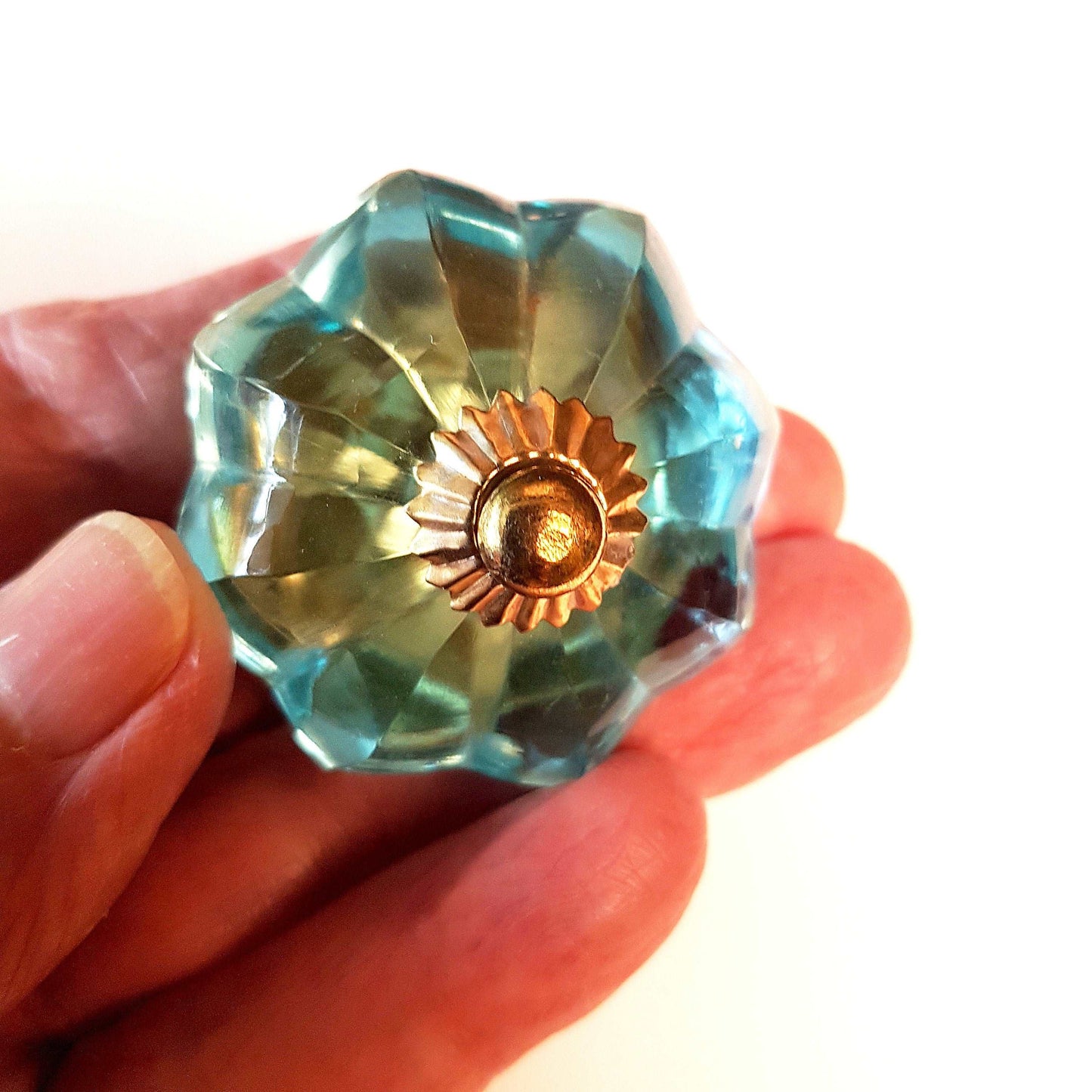 8 turquoise crystal cabinet door knobs. Transparent antique style turquoise drawer pulls. Furniture hardware knobs with gold brass accents. - Vintage India Ca