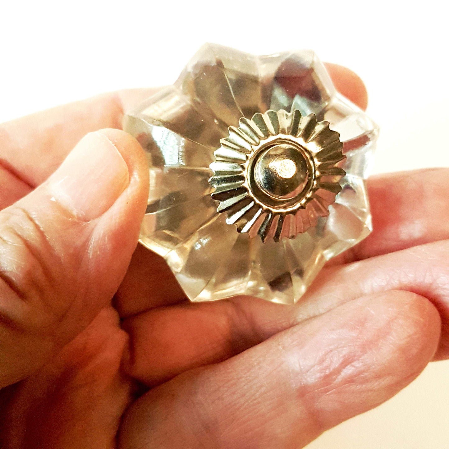 8 clear crystal glass cabinet knobs. Transparent vintage style drawer pulls. Furniture hardware with silver centers & fittings. 2 inches. - Vintage India Ca
