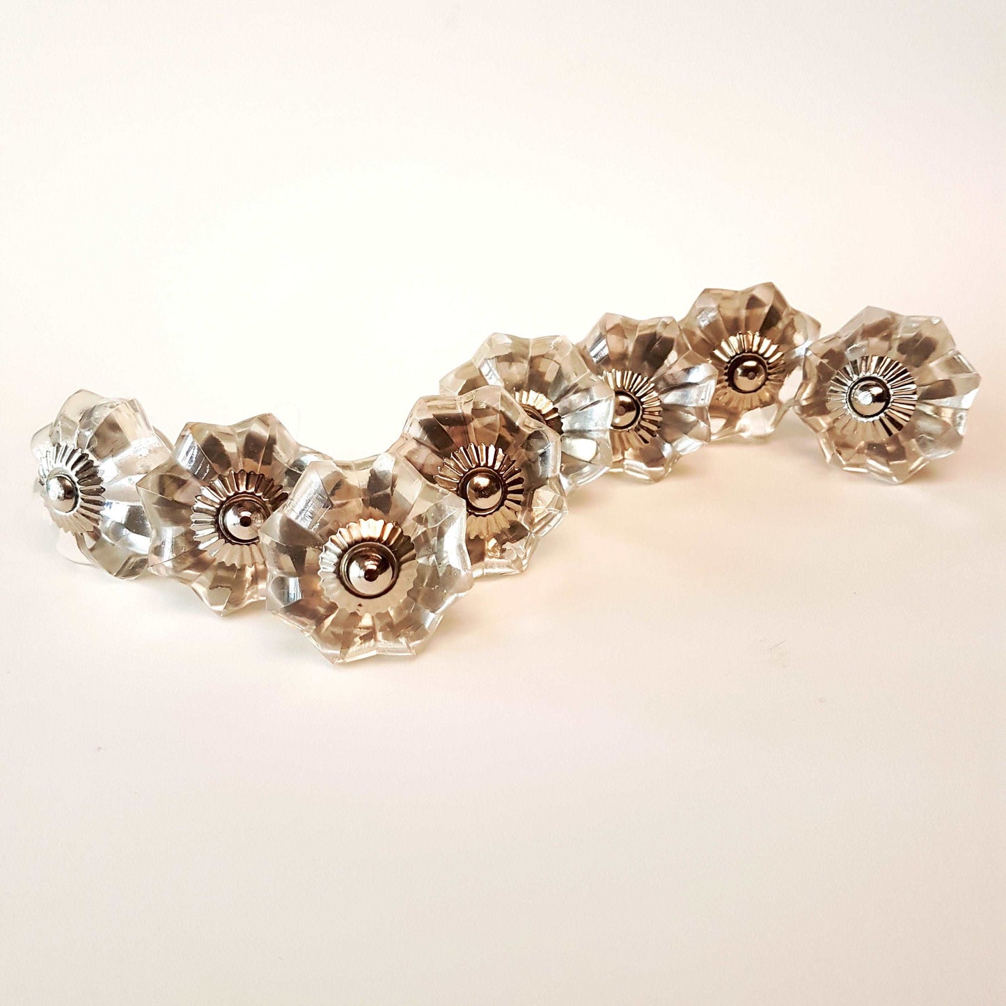 8 clear crystal glass cabinet knobs. Transparent vintage style drawer pulls. Furniture hardware with silver centers & fittings. 2 inches. - Vintage India Ca