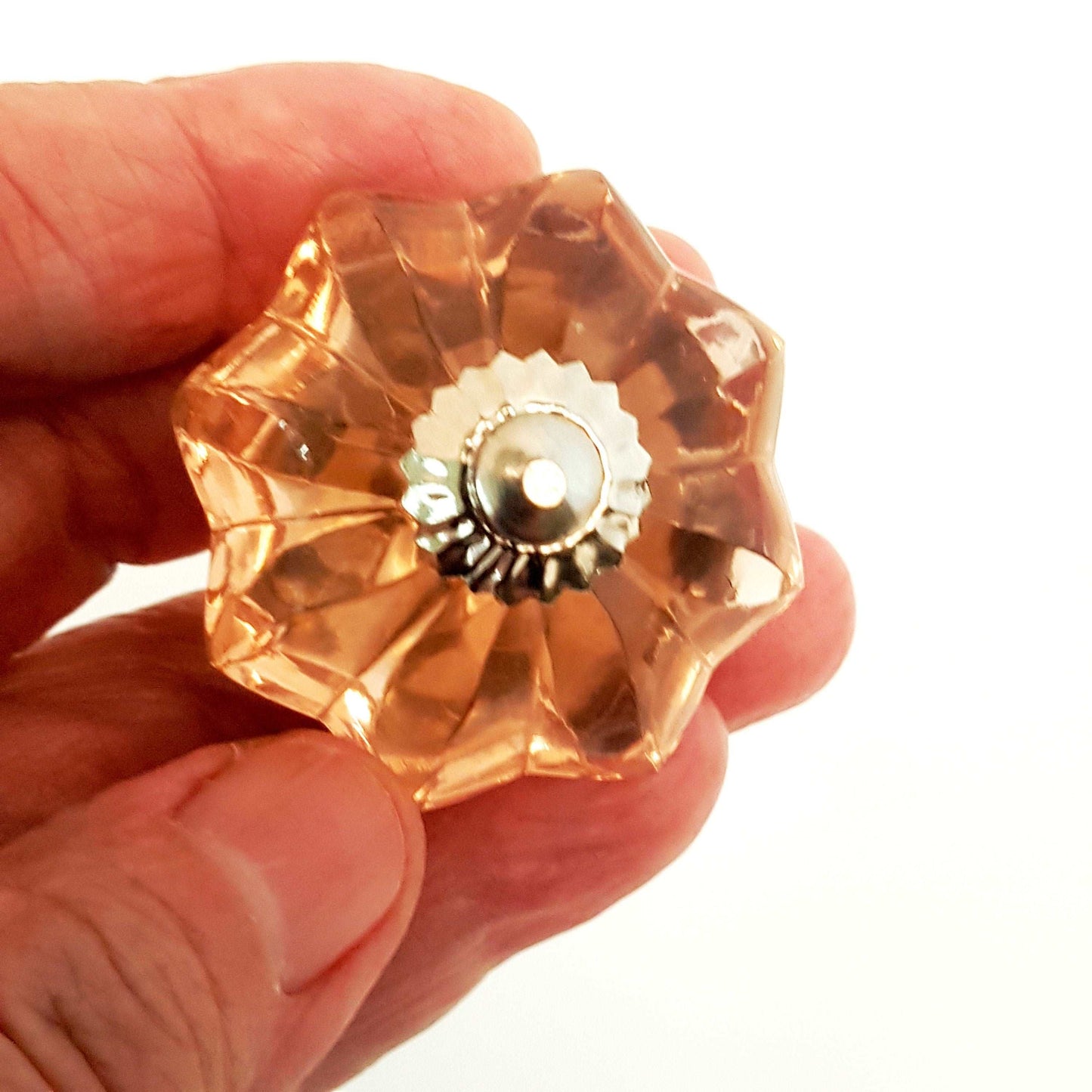 8 rose gold crystal cabinet knobs with silver centers. Transparent pink cut glass drawer pulls. For kitchen cupboards, dressers, vanities. - Vintage India Ca