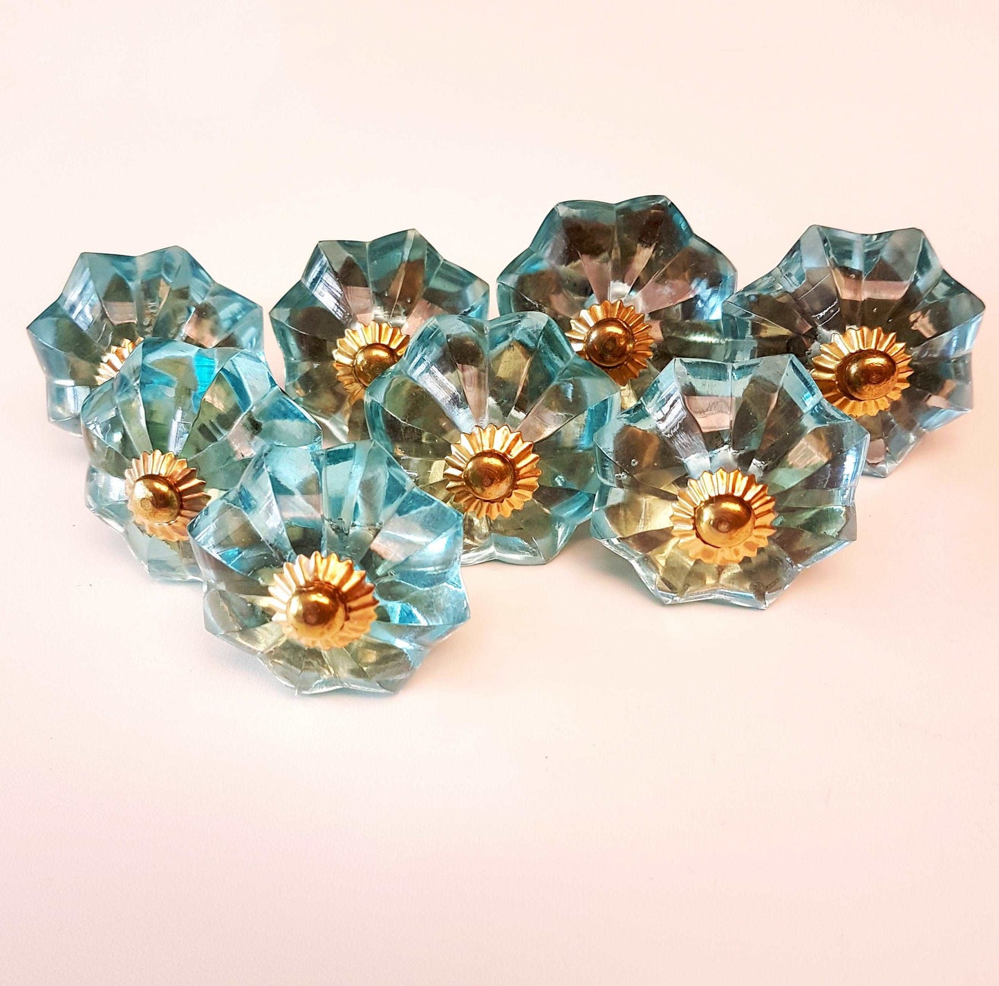 8 turquoise crystal cabinet door knobs. Transparent antique style turquoise drawer pulls. Furniture hardware knobs with gold brass accents. - Vintage India Ca