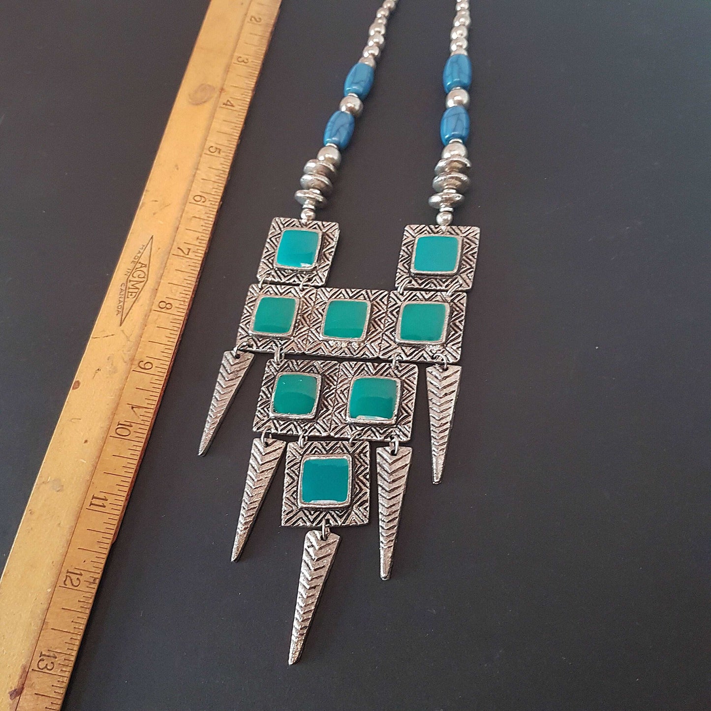 Blue & Green Avant Garde design silver pendant necklace. One of a kind Celtic Medieval statement necklace. Hammered metal industrial design. - Vintage India Ca