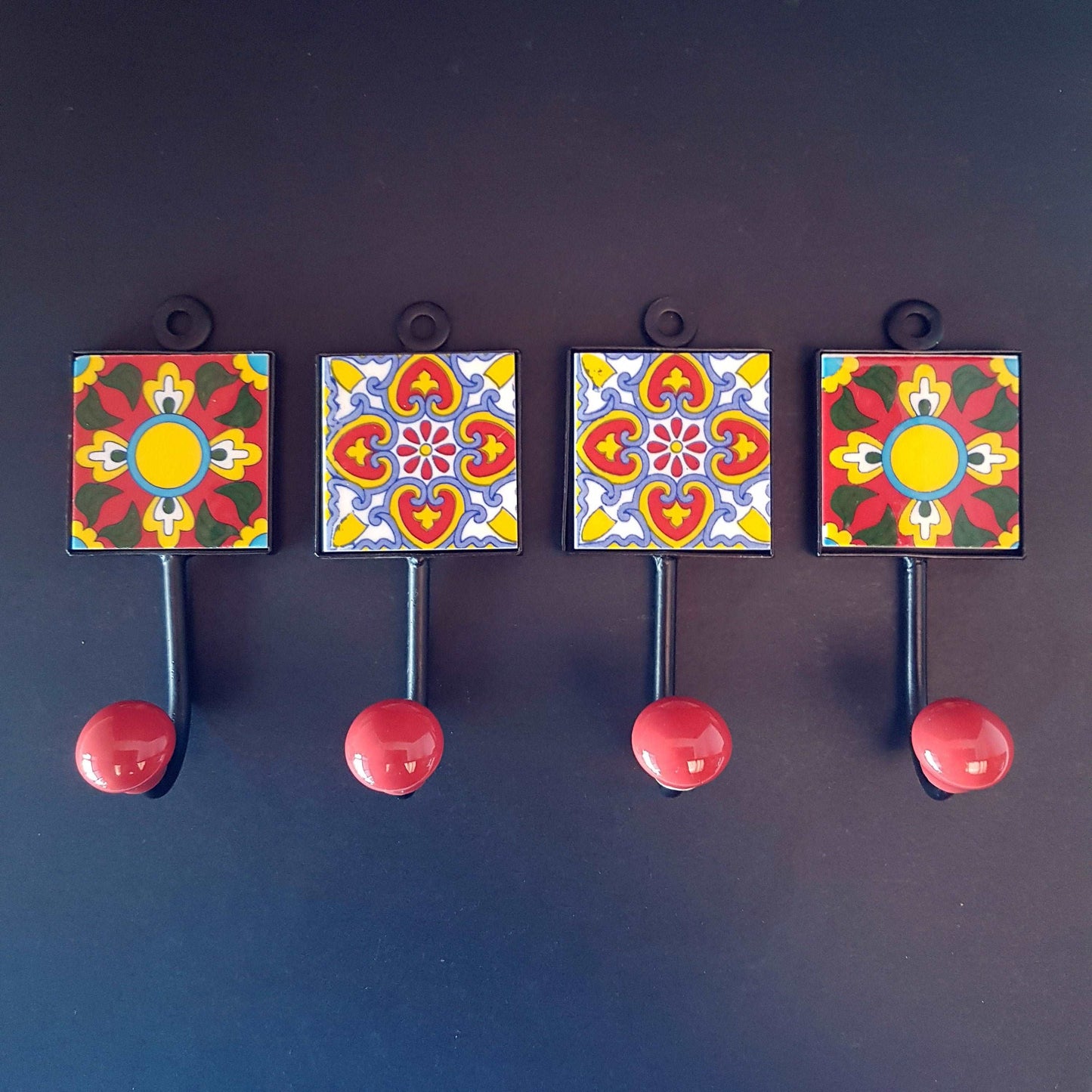 4 Himalayan Coral design coat hooks-cup hooks-towel hooks-hand painted home decor wall hooks for kitchen, bedroom, bathroom. 2 by 4.5 inch. - Vintage India Ca