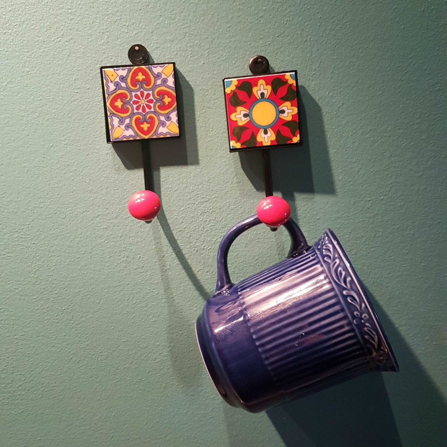 4 Himalayan Coral design coat hooks-cup hooks-towel hooks-hand painted home decor wall hooks for kitchen, bedroom, bathroom. 2 by 4.5 inch. - Vintage India Ca
