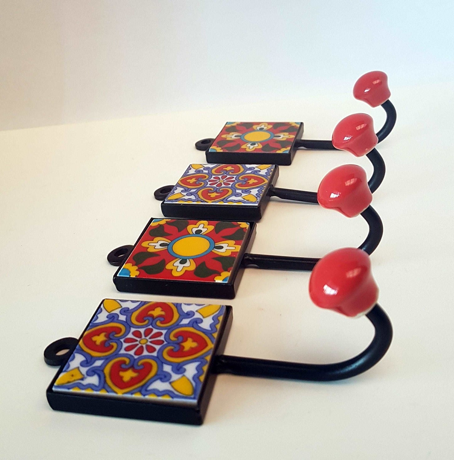 4 Himalayan Coral design coat hooks-cup hooks-towel hooks-hand painted home decor wall hooks for kitchen, bedroom, bathroom. 2 by 4.5 inch. - Vintage India Ca