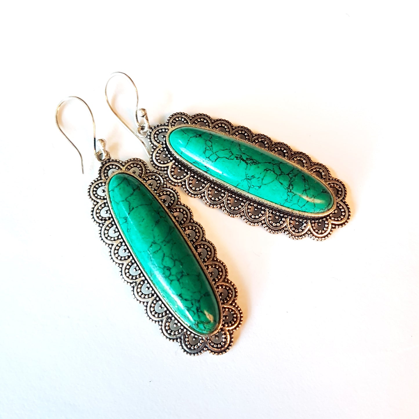 Medieval Reanaissance earrings with long slender oval stones. Victorian silver finish in a handcrafted filigree design. 4 stone choices.