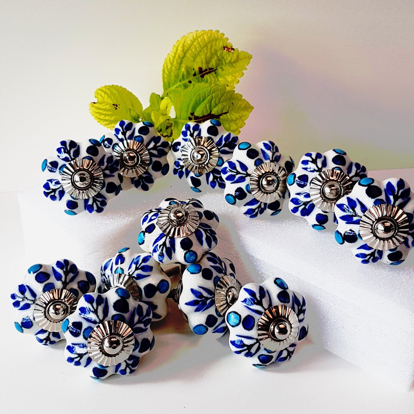 Set of 12 Delft design blue & white floral cabinet knob drawer pulls.