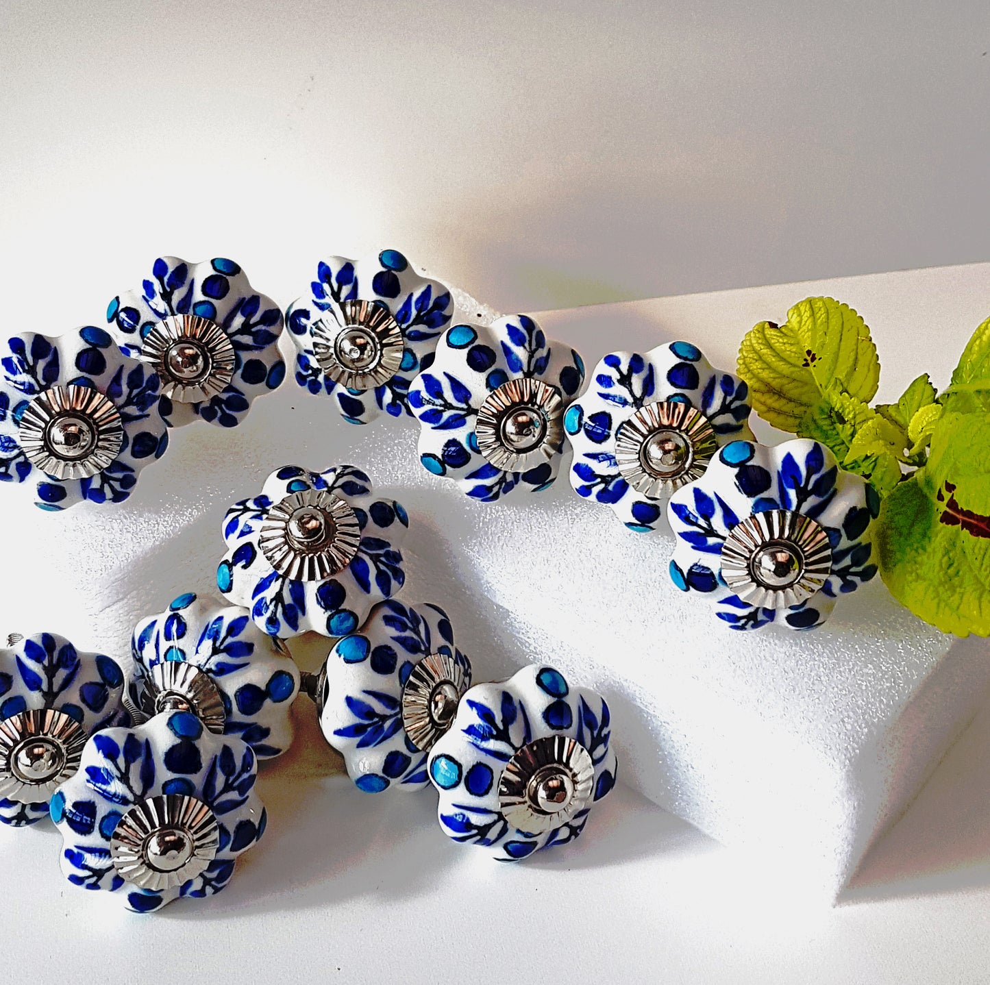 Set of 12 Delft design blue & white floral cabinet knob drawer pulls.