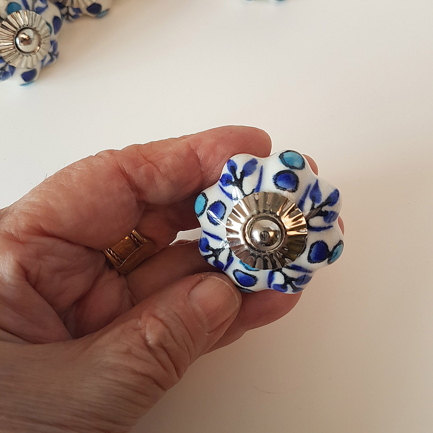 Set of 12 Delft design blue & white floral cabinet knob drawer pulls.