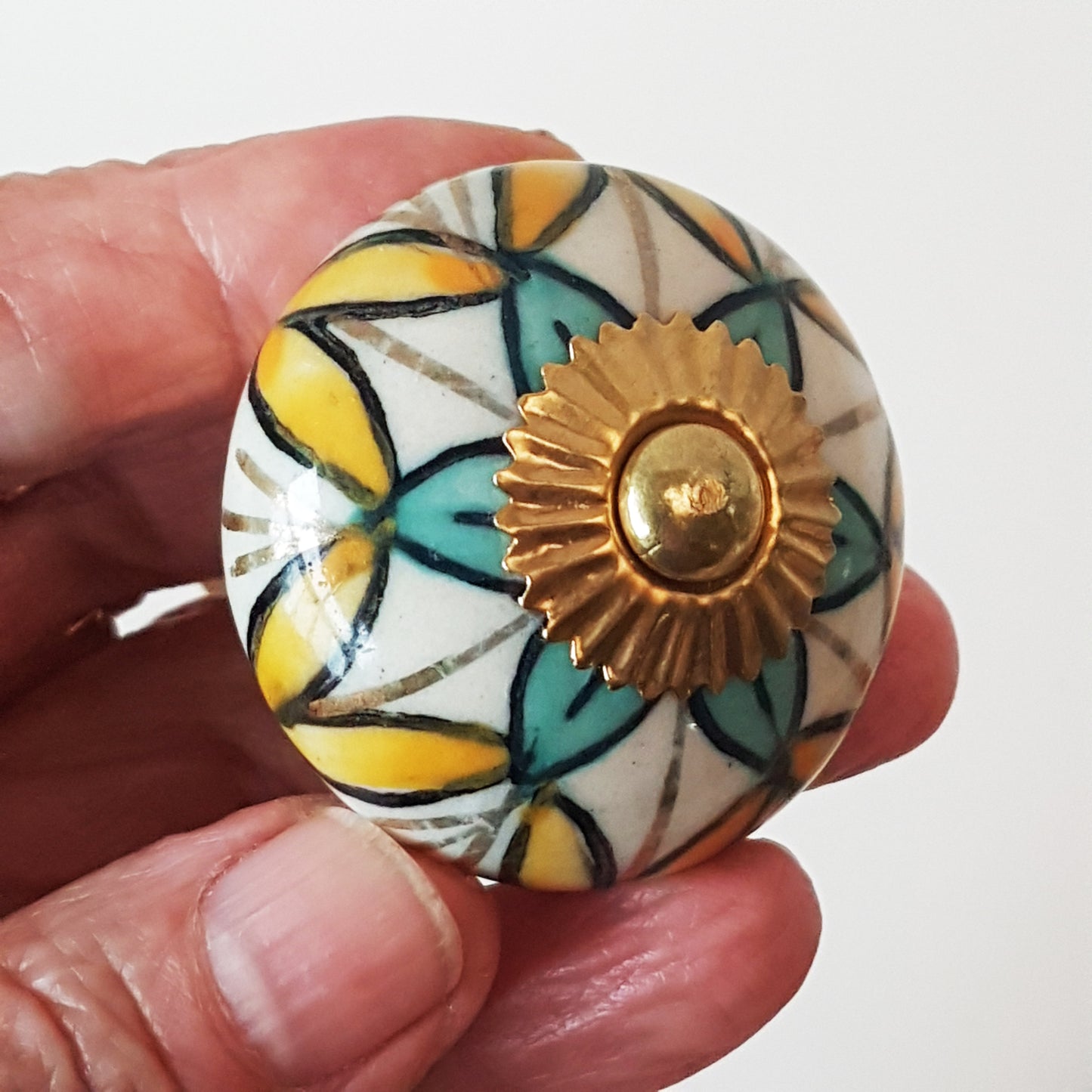 Hand painted turquoise & gold knob pull