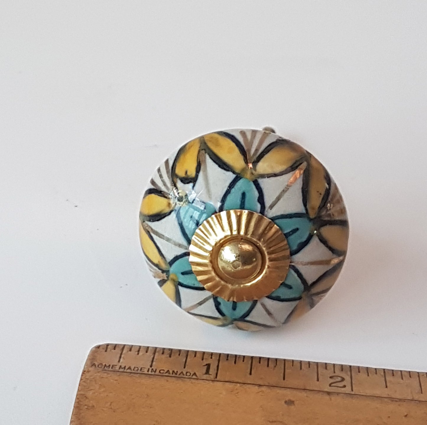 Set of 8 colorful cabinet knob-drawer pulls. Turquoise & gold combo.