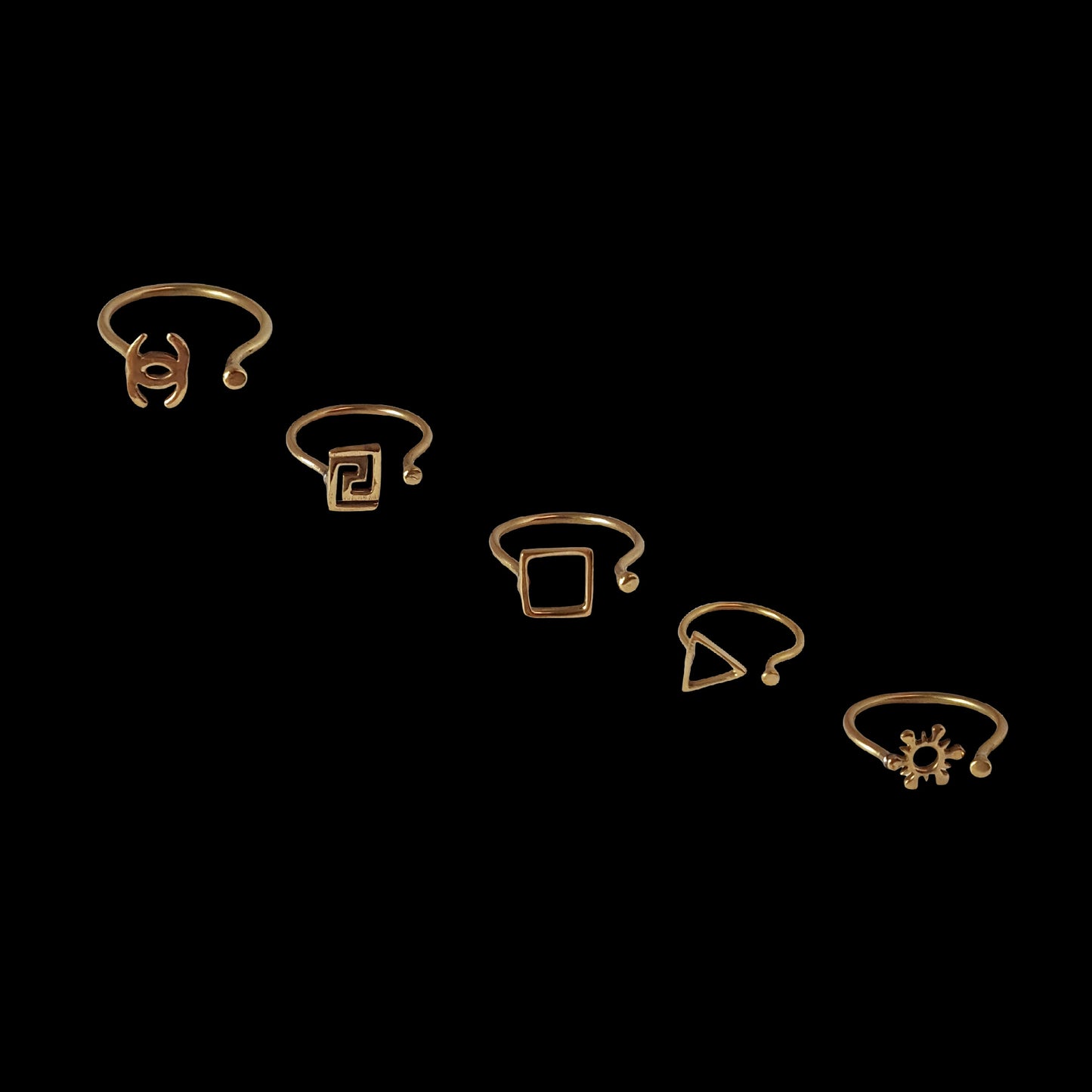 Set of 5 rings. Bronze minimalist in adjustable sizes Celtic design. Sun moon square triangle maze. Wear on thumb & all fingers, knuckles.