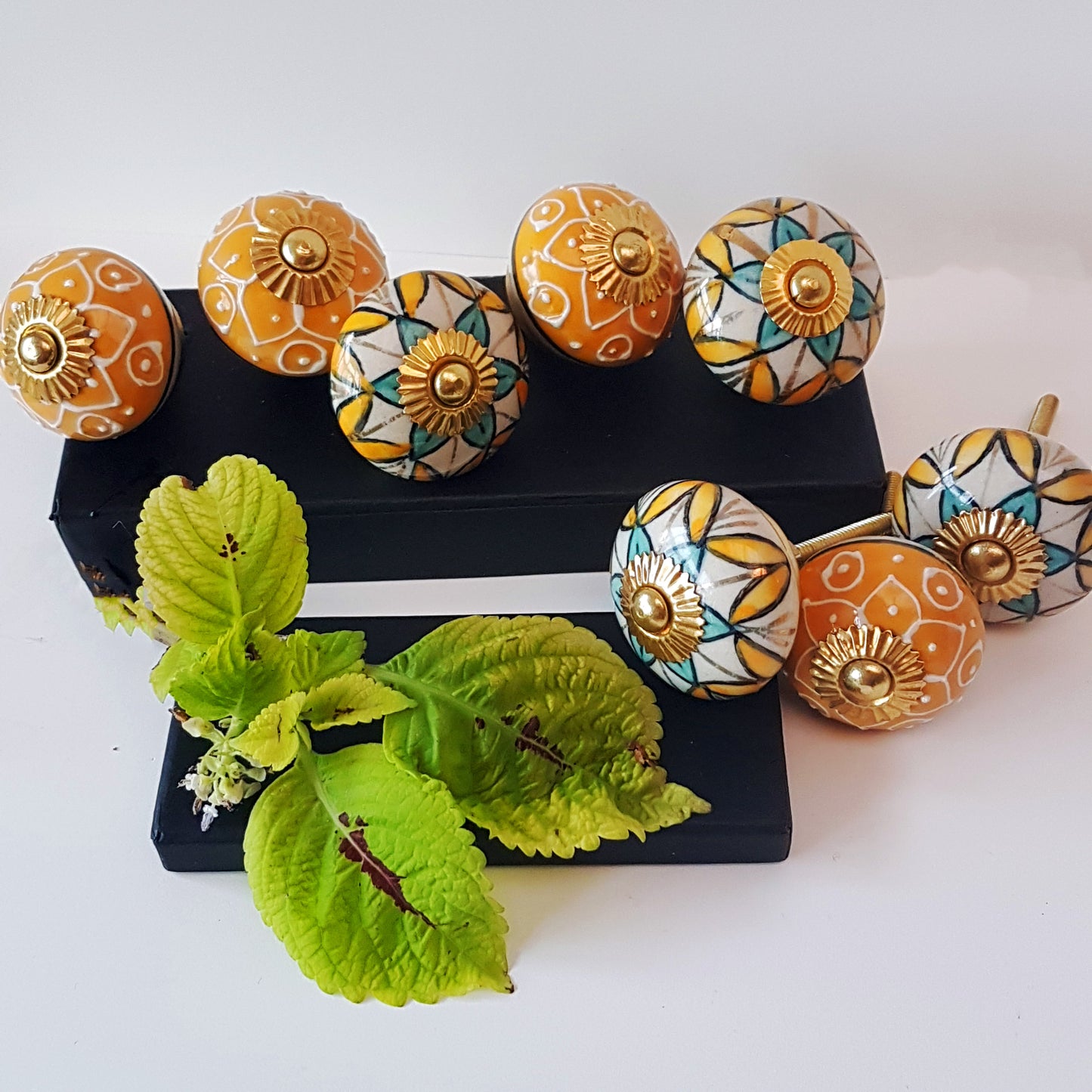 Set of 8 colorful cabinet knob-drawer pulls. Turquoise & gold combo.