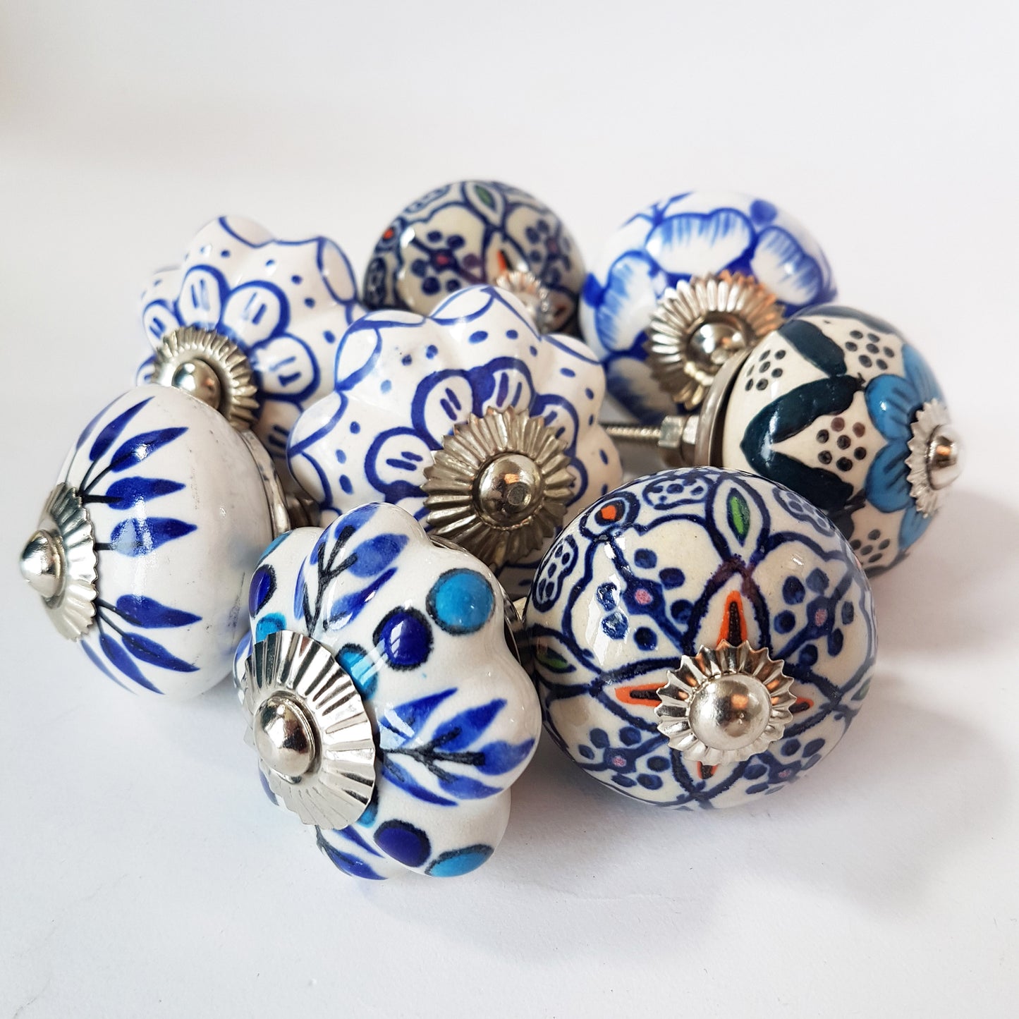 Delphine set of 8 cabinet knob drawer pulls. Designer collection in classic Delft Dutch blue & white floral patterns. Easy DIY decor fix!