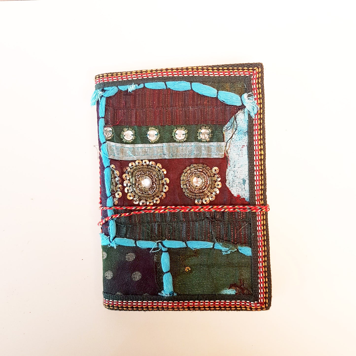 Vintage textile art journal 5 x 7 inch blank book. One of kind handmade notebook diary with a unique beaded jewelled fabric collage cover.