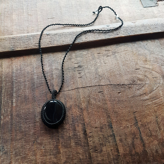 Gender neutral design black onyx pendant necklace. Hangs on a 20 inch black woven corkscrew knot cord. Adjustable length. Unisex jewelry. - Vintage India Ca