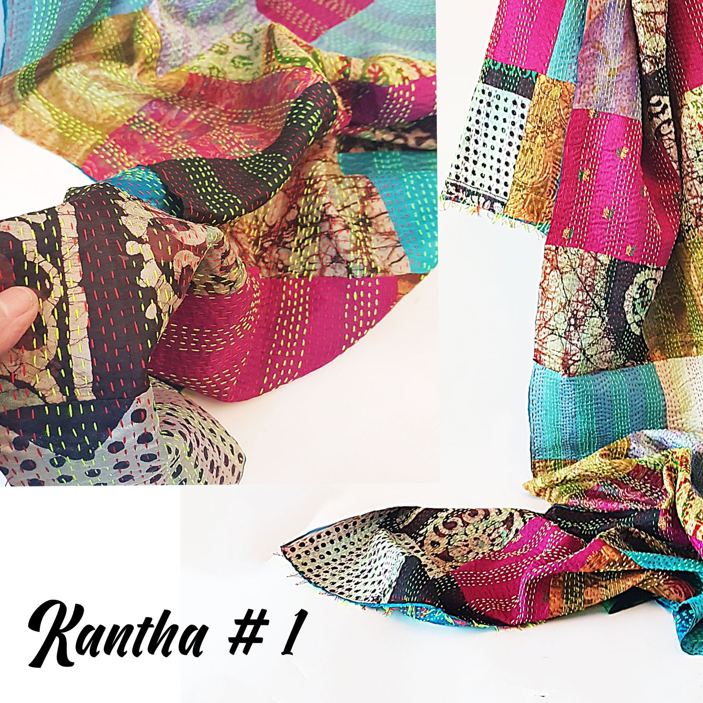 kantha réversible en soie vintage a volé l’enveloppement. 18 par 72 pouces. Art mural en tapisserie textile unique en son genre. Utilisez-le comme tapis de couloir ou comme jeté de salon.