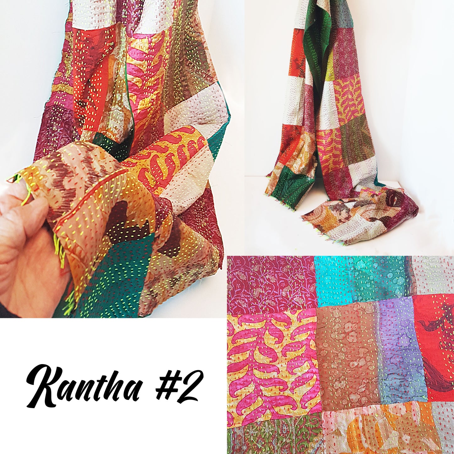 kantha réversible en soie vintage a volé l’enveloppement. 18 par 72 pouces. Art mural en tapisserie textile unique en son genre. Utilisez-le comme tapis de couloir ou comme jeté de salon.