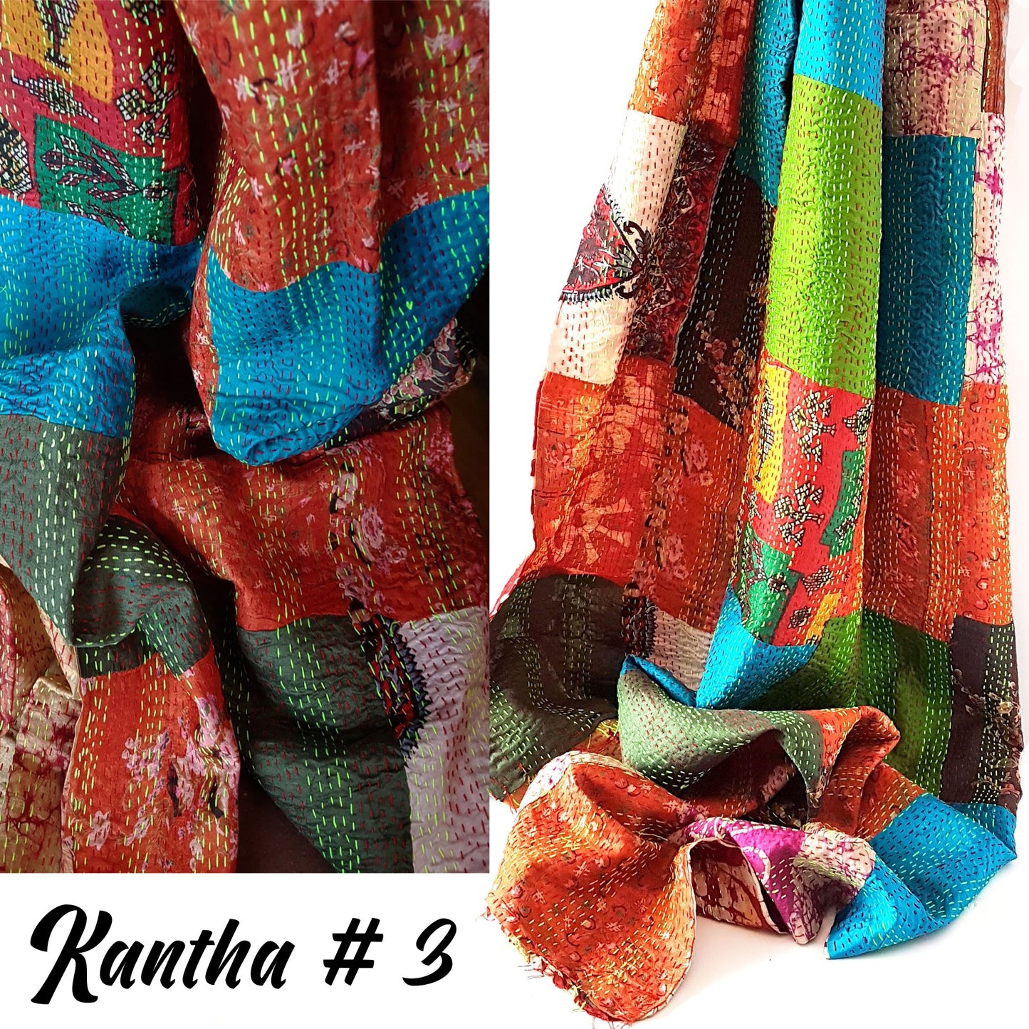 kantha réversible en soie vintage a volé l’enveloppement. 18 par 72 pouces. Art mural en tapisserie textile unique en son genre. Utilisez-le comme tapis de couloir ou comme jeté de salon.