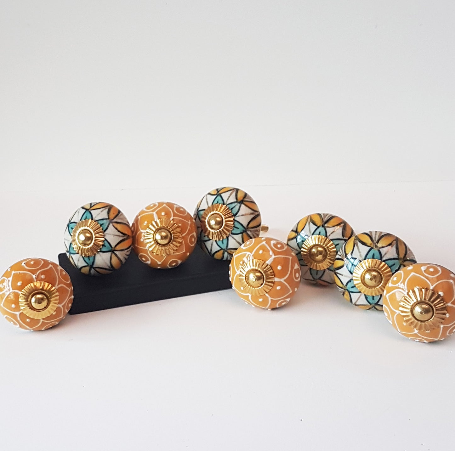 Set of 8 colorful cabinet knob-drawer pulls. Turquoise & gold combo.