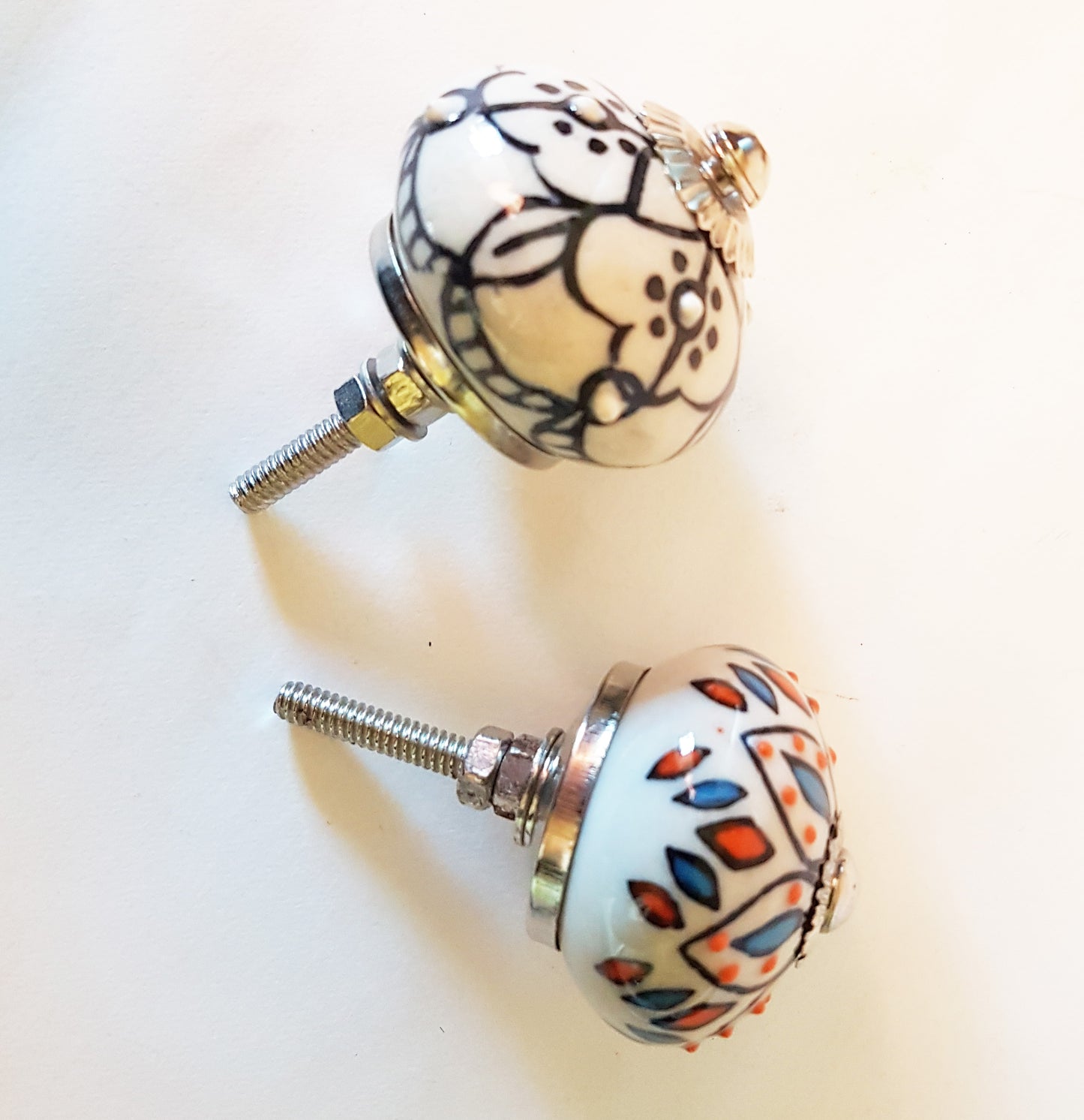 Milfiori set of 8 cabinet knobs-dresser drawer pulls in 8 different hand painted, exclusive designs. 1.5 inch diameter size.