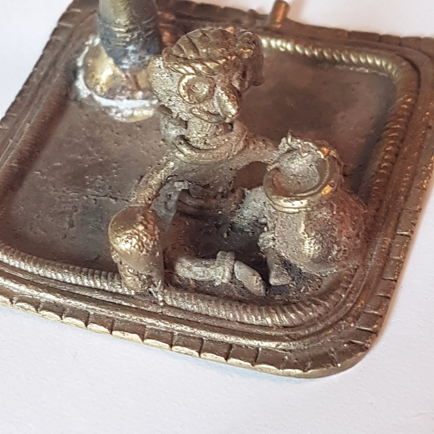 Vintage bronze monkey art sculpture. Monkey picking coconuts from tree. Animal metal collectable. India tribal art statue. 8 by 3 inches..