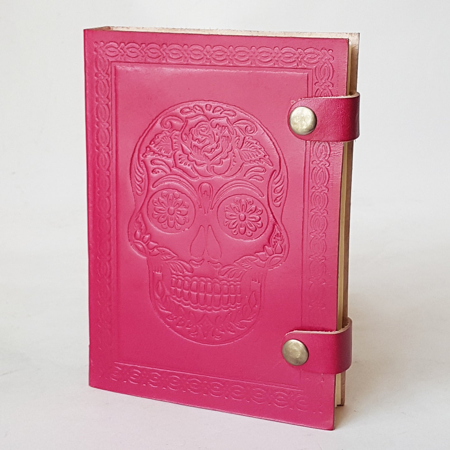 Hand bound colorful leather journal notebook. Leather grimoire with embossed skull design. Halloween Day of the dead, gothic theme diary. 4 vivid colors.