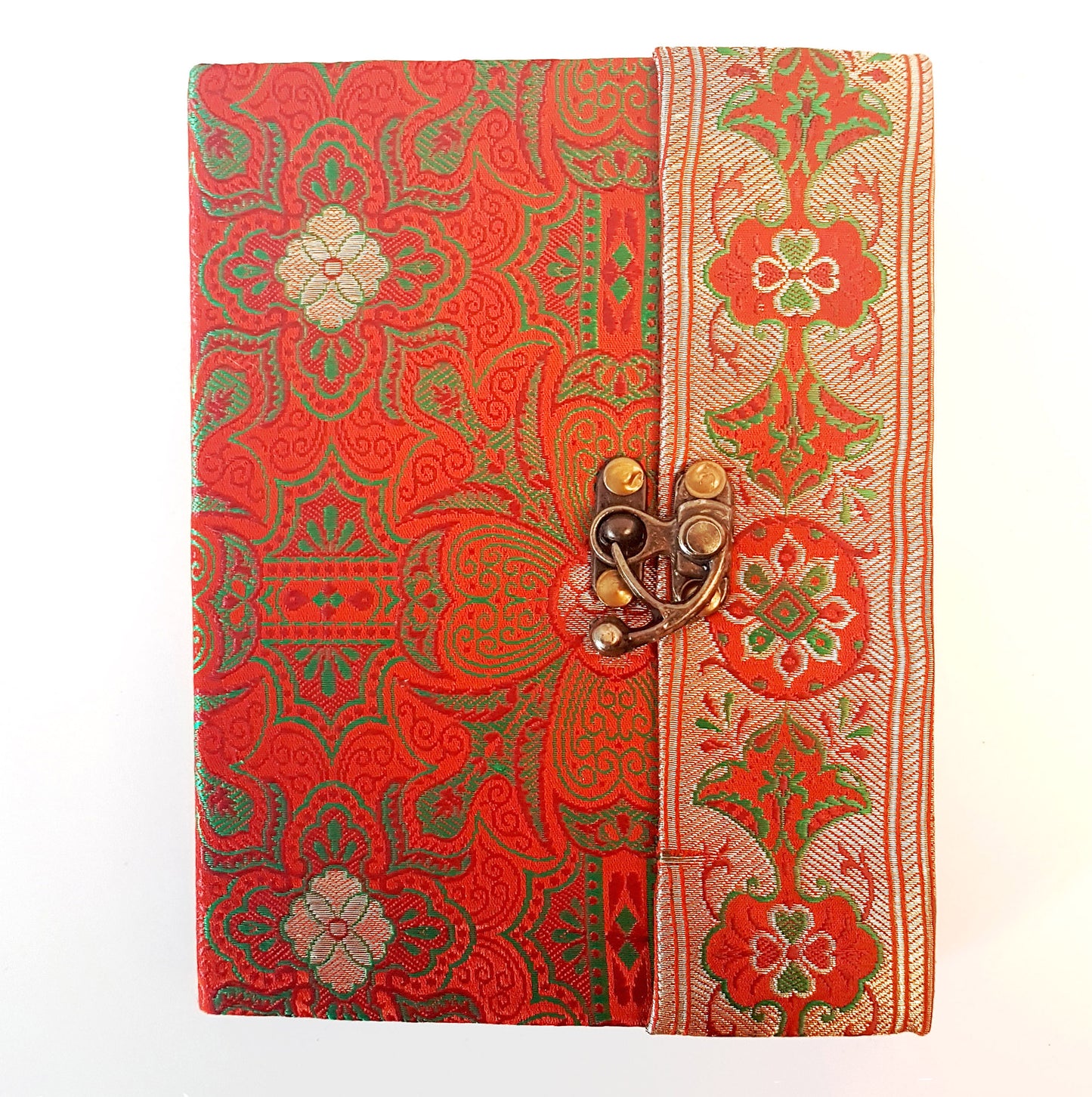Vintage fabric sketchbook journal 5 by 7 inches. One of a kind blank book with artisan paper pages. Medieval look bronze metal lock closure.