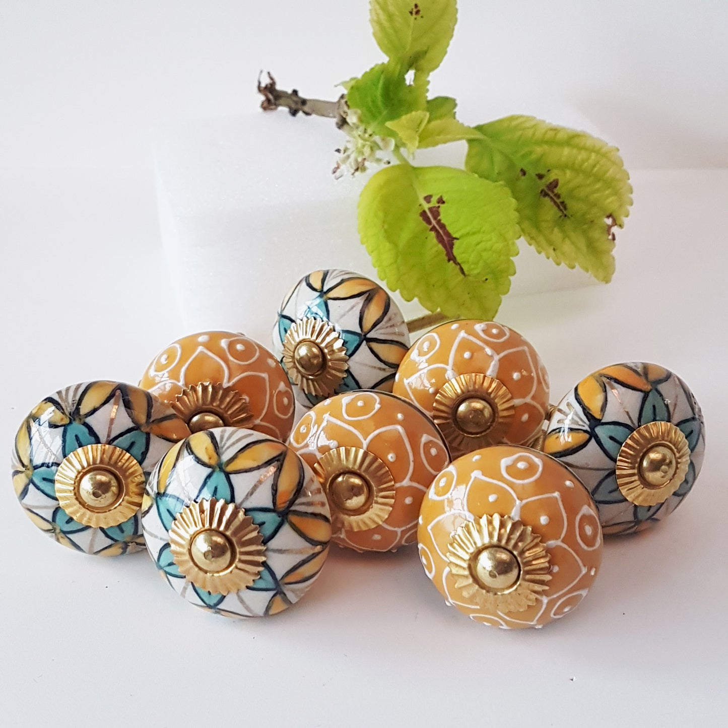 Set of 8 colorful cabinet knob-drawer pulls. Turquoise & gold combo.