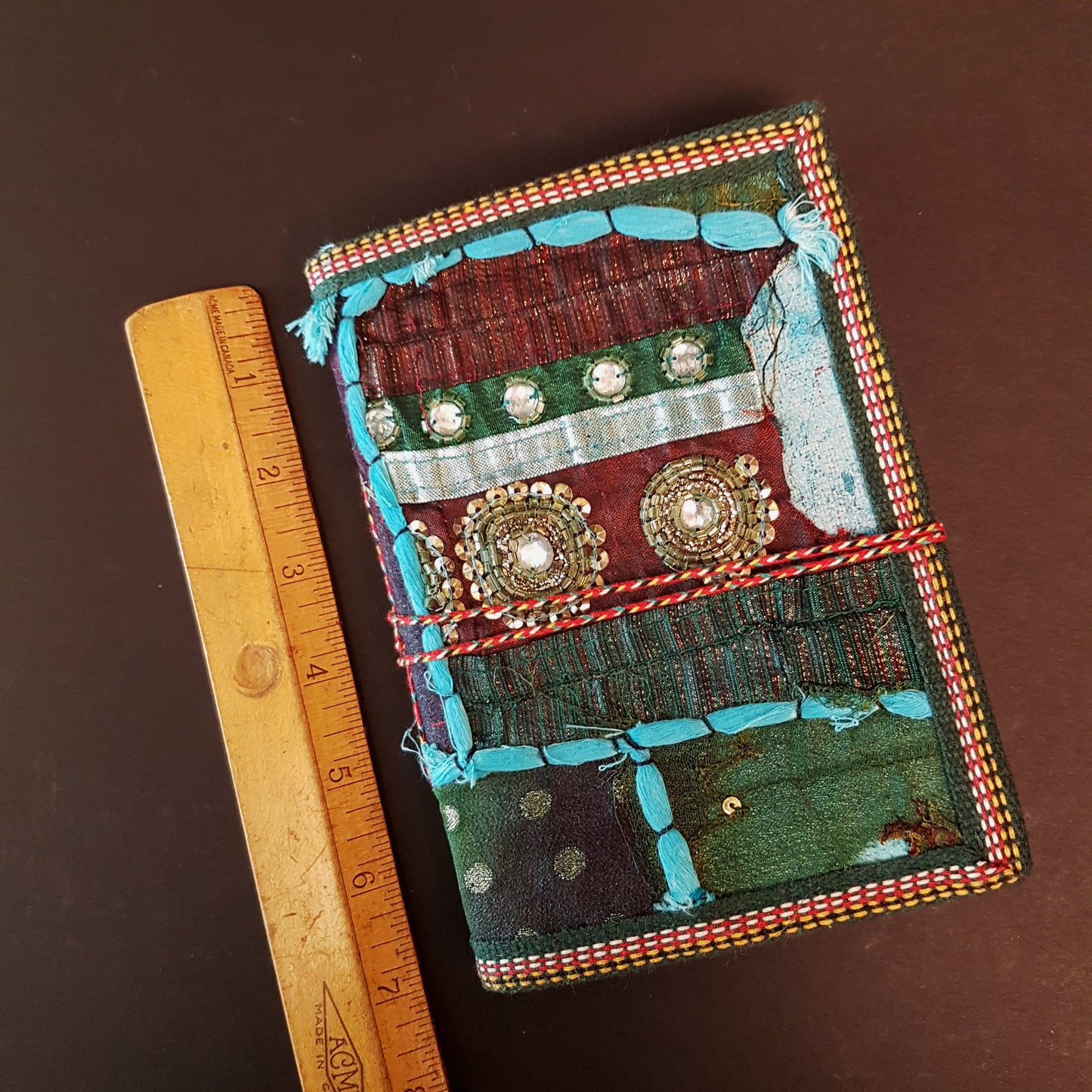 Vintage textile art journal 5 x 7 inch blank book. One of kind handmade notebook diary with a unique beaded jewelled fabric collage cover.
