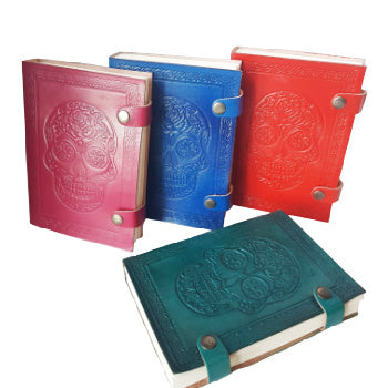 Hand bound colorful leather journal notebook. Leather grimoire with embossed skull design. Halloween Day of the dead, gothic theme diary. 4 vivid colors.
