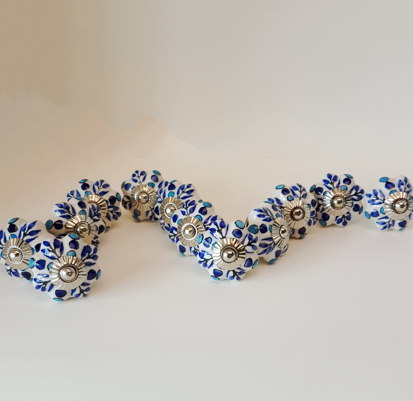 Set of 12 Delft design blue & white floral cabinet knob drawer pulls.
