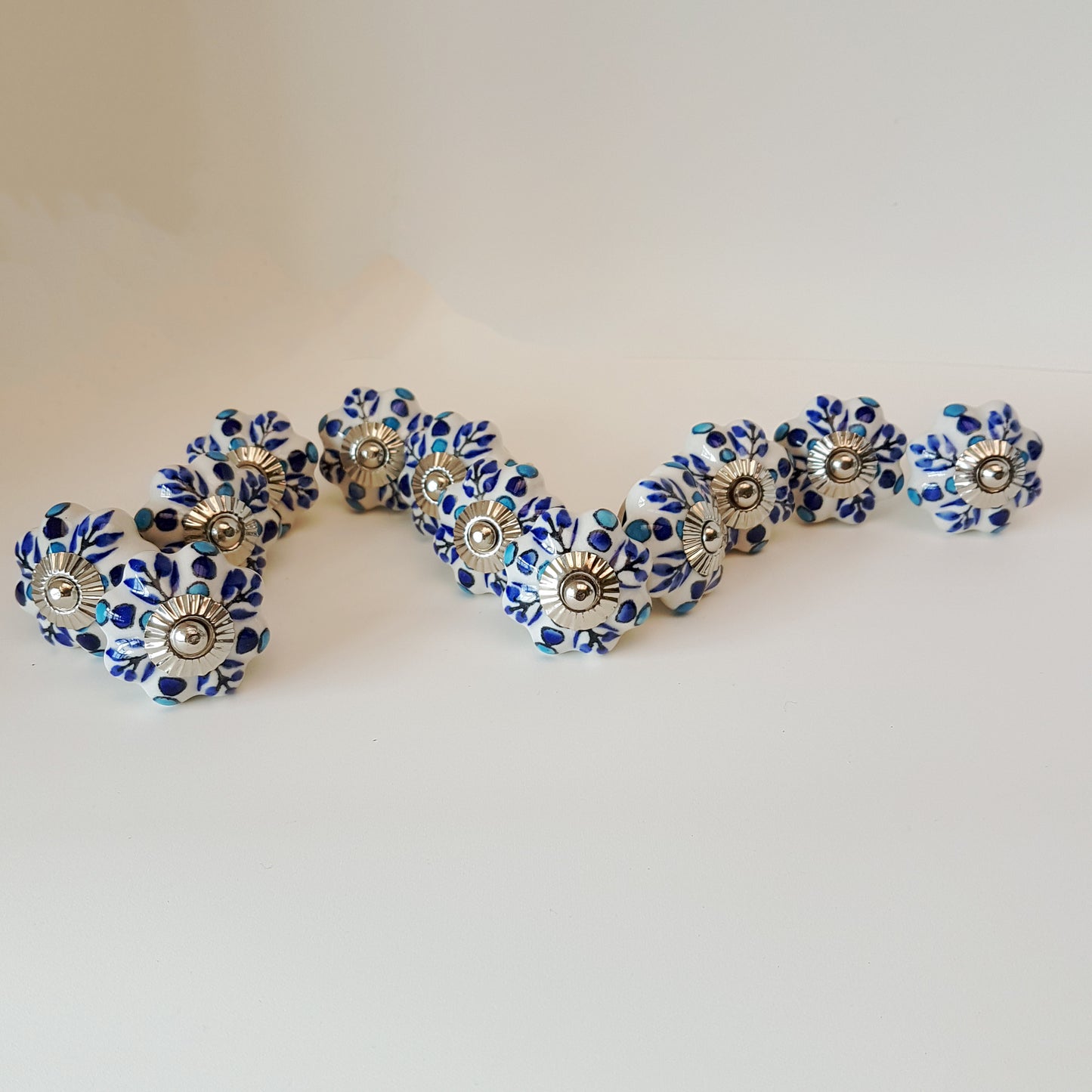 Set of 12 Delft design blue & white floral cabinet knob drawer pulls.