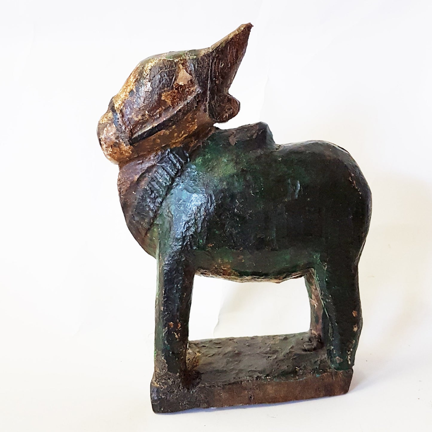 India Sacred Bull vintage wooden temple toy. "Nandi" the sacred Brahma bull of India. 9.5 inches high by 6.5 inches long approximately. - Vintage India Ca