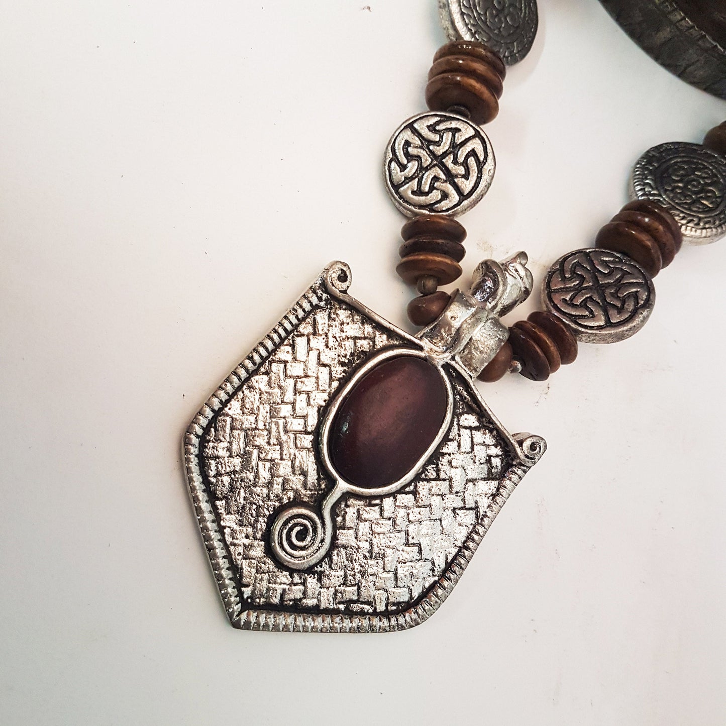 Medieval hexagon pendant necklace in antique pewter design. Decorated with embossed Celtic eternity symbol discs & dark dark brown beads - Vintage India Ca
