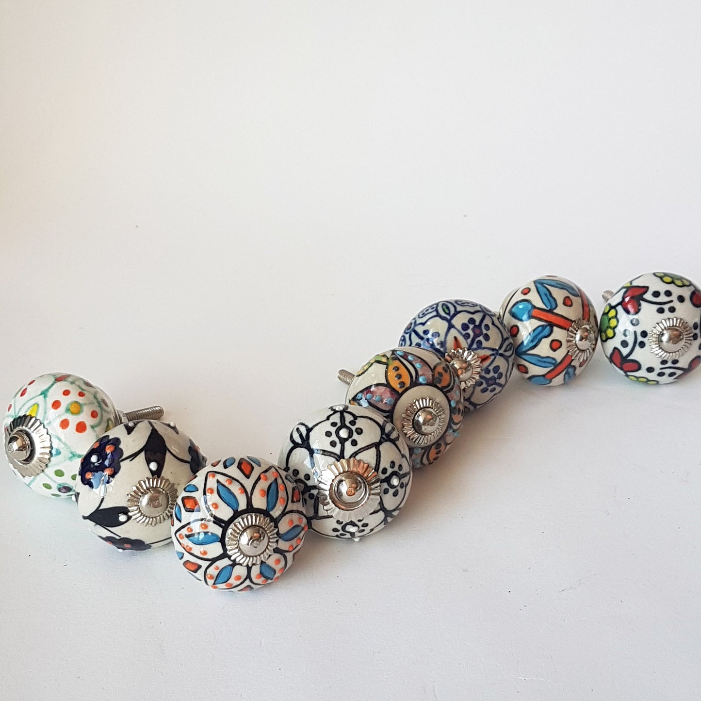 Milfiori set of 8 cabinet knobs-dresser drawer pulls in 8 different hand painted, exclusive designs. 1.5 inch diameter size. - Vintage India Ca