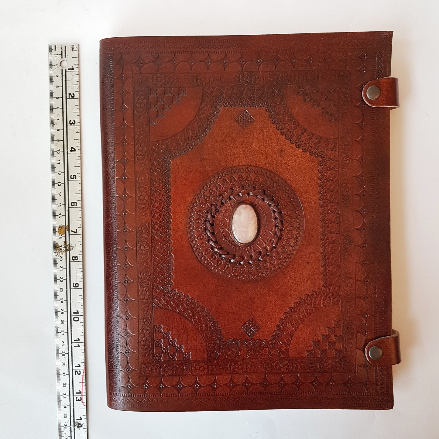 XL leather bound gemstone inlaid artist portfolio. Parchment dividers. Scrapbook, photo album. Retirement, engagement & wedding gift. - Vintage India Ca