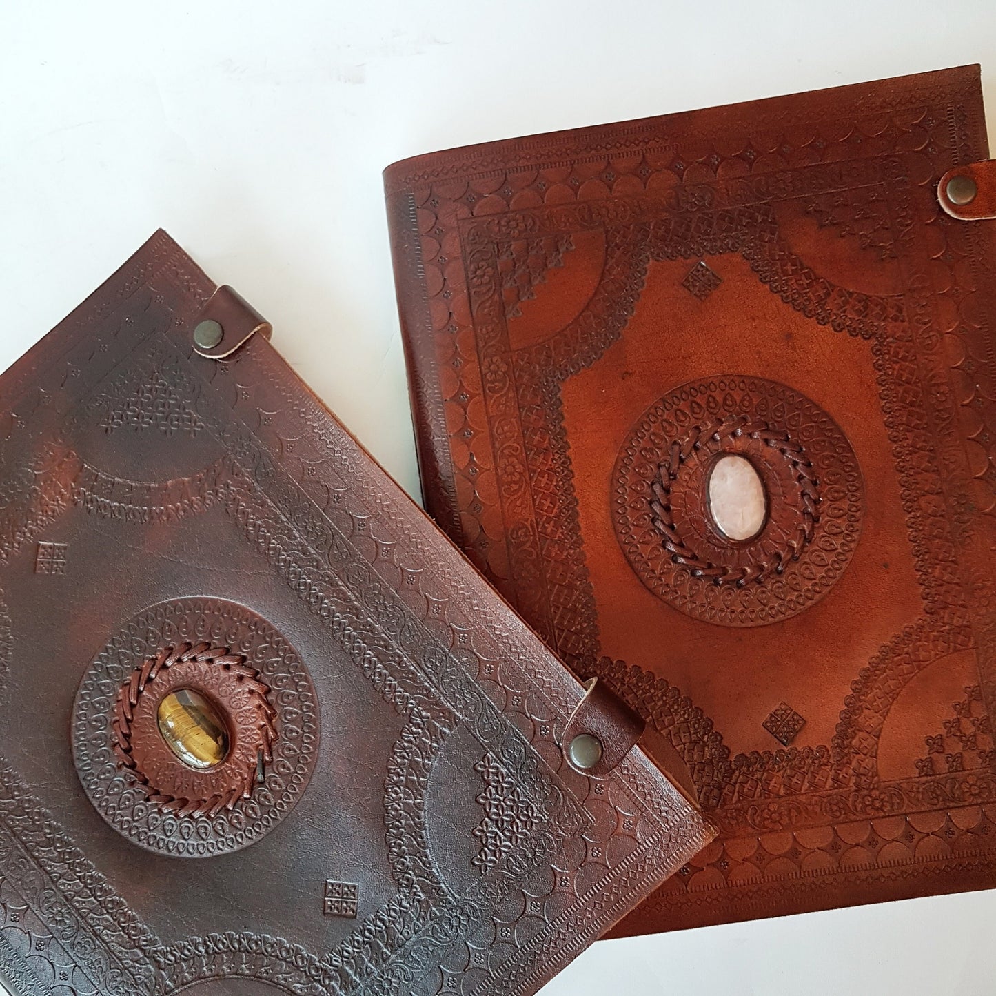 XL leather bound gemstone inlaid artist portfolio. Parchment dividers. Scrapbook, photo album. Retirement, engagement & wedding gift. - Vintage India Ca