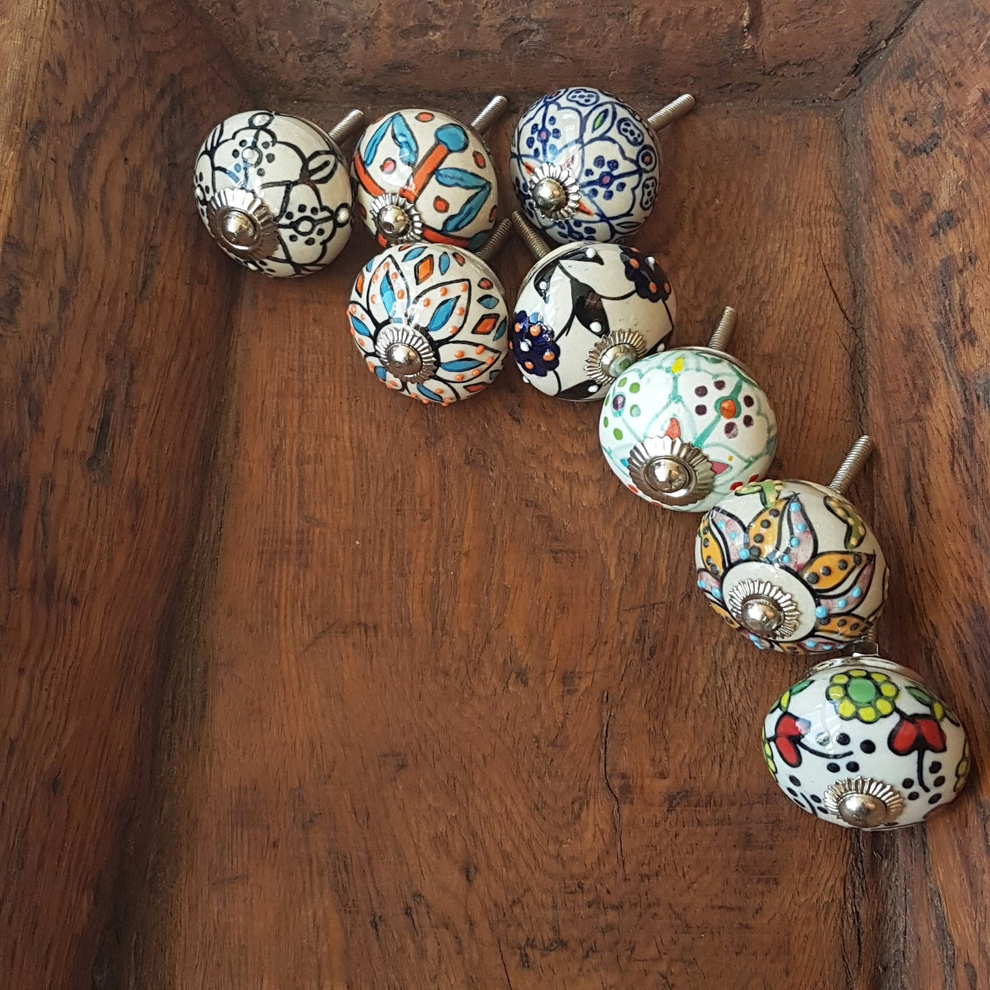 Milfiori set of 8 cabinet knobs-dresser drawer pulls in 8 different hand painted, exclusive designs. 1.5 inch diameter size. - Vintage India Ca