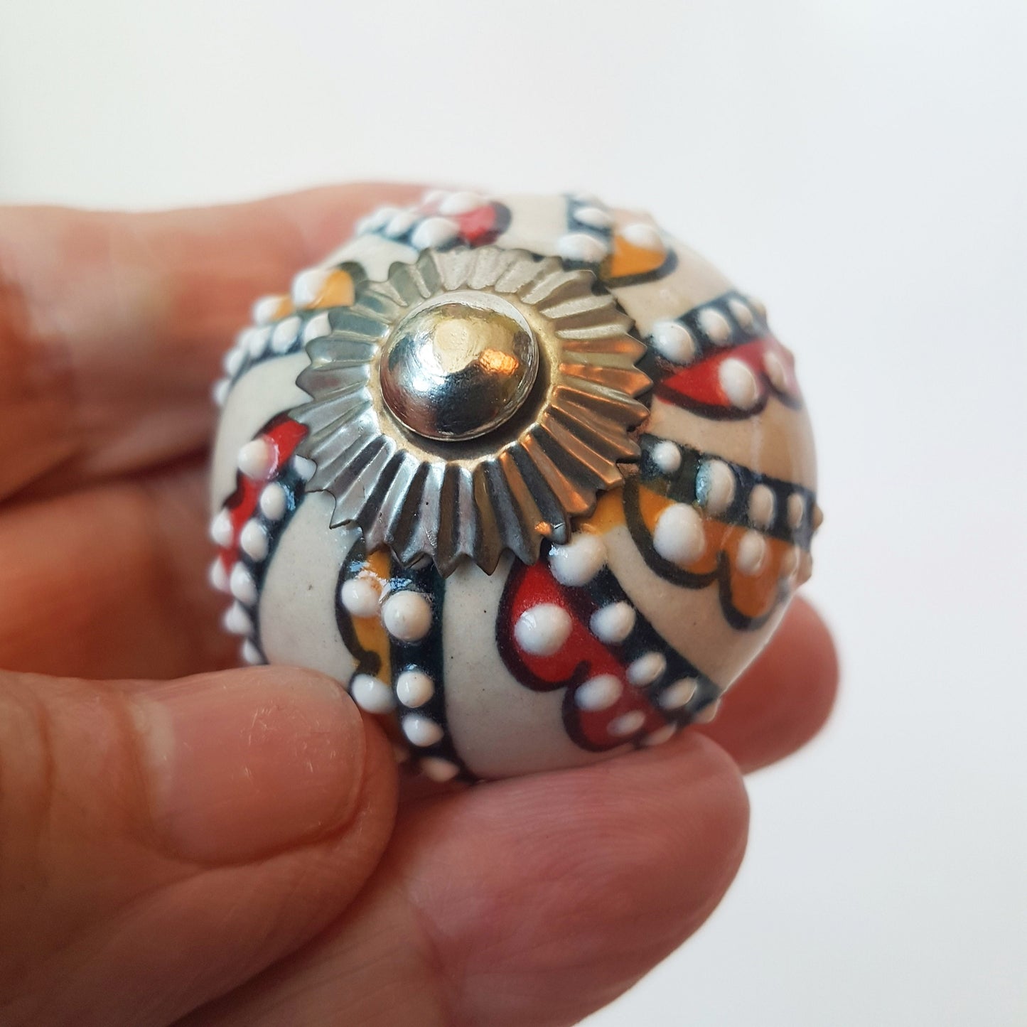 Florentine set of 6 Embossed hand painted knobs in exclusive designs. Standard 1.5 inch size. - Vintage India Ca