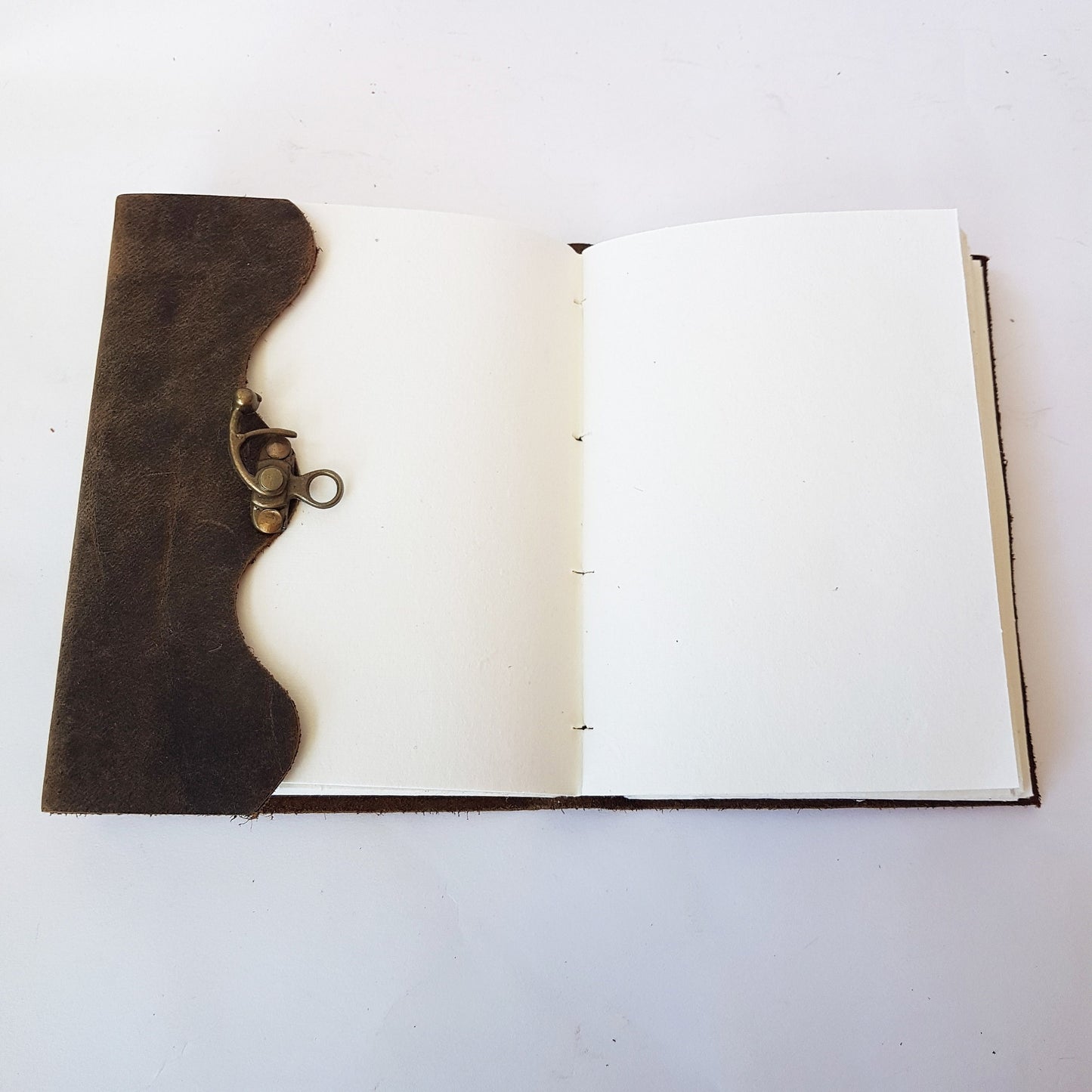 Leather bound suede diary rustic brown journal. Medieval style grimoire with bronze lock. Measures 5 by 7 inches with handmade paper pages. - Vintage India Ca