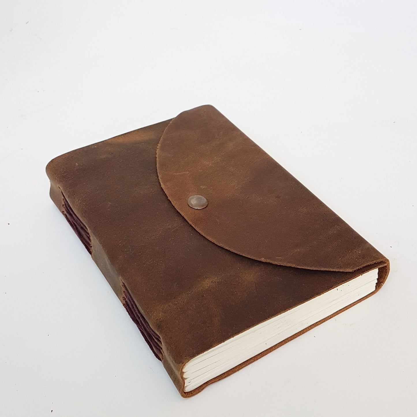 Leather bound diary rustic brown notebook journal. Medieval design grimoire 5 by 7 inches with pewter button closure. Handmade artisan paper - Vintage India Ca