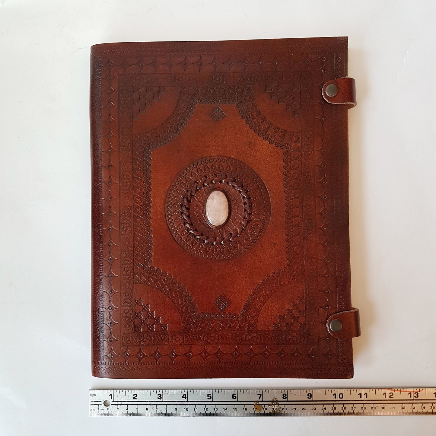 XL leather bound gemstone inlaid artist portfolio. Parchment dividers. Scrapbook, photo album. Retirement, engagement & wedding gift. - Vintage India Ca