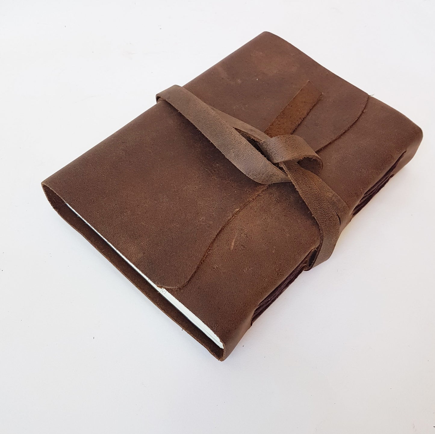 Leather bound suede diary notebook journal with vintage wrap tie closure. Rustic taupe brown suede blank book, sketch book, bullet journal. - Vintage India Ca