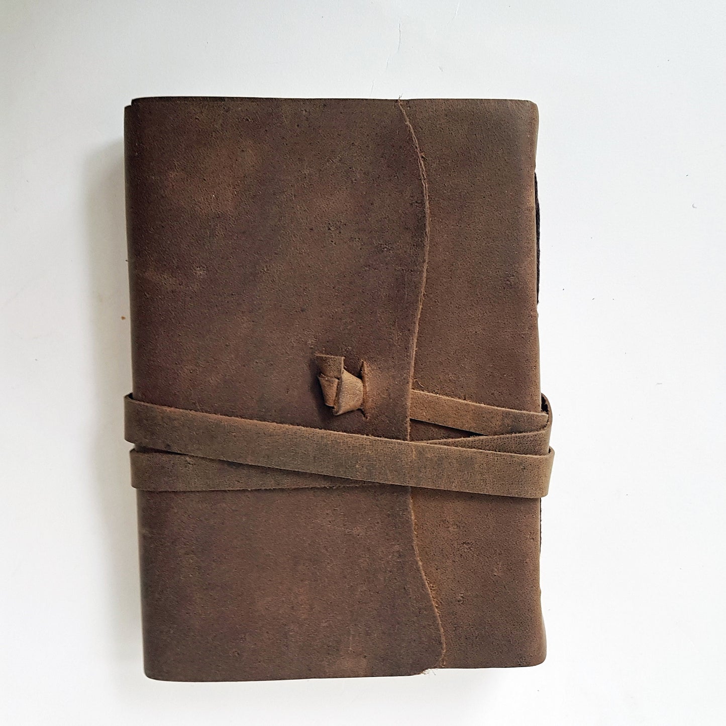 Leather bound suede diary notebook journal with vintage wrap tie closure. Rustic taupe brown suede blank book, sketch book, bullet journal. - Vintage India Ca