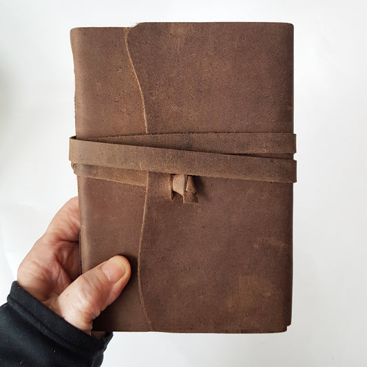 Leather bound suede diary notebook journal with vintage wrap tie closure. Rustic taupe brown suede blank book, sketch book, bullet journal. - Vintage India Ca