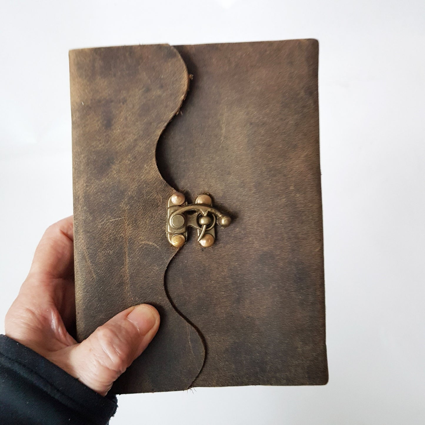 Leather bound suede diary rustic brown journal. Medieval style grimoire with bronze lock. Measures 5 by 7 inches with handmade paper pages. - Vintage India Ca