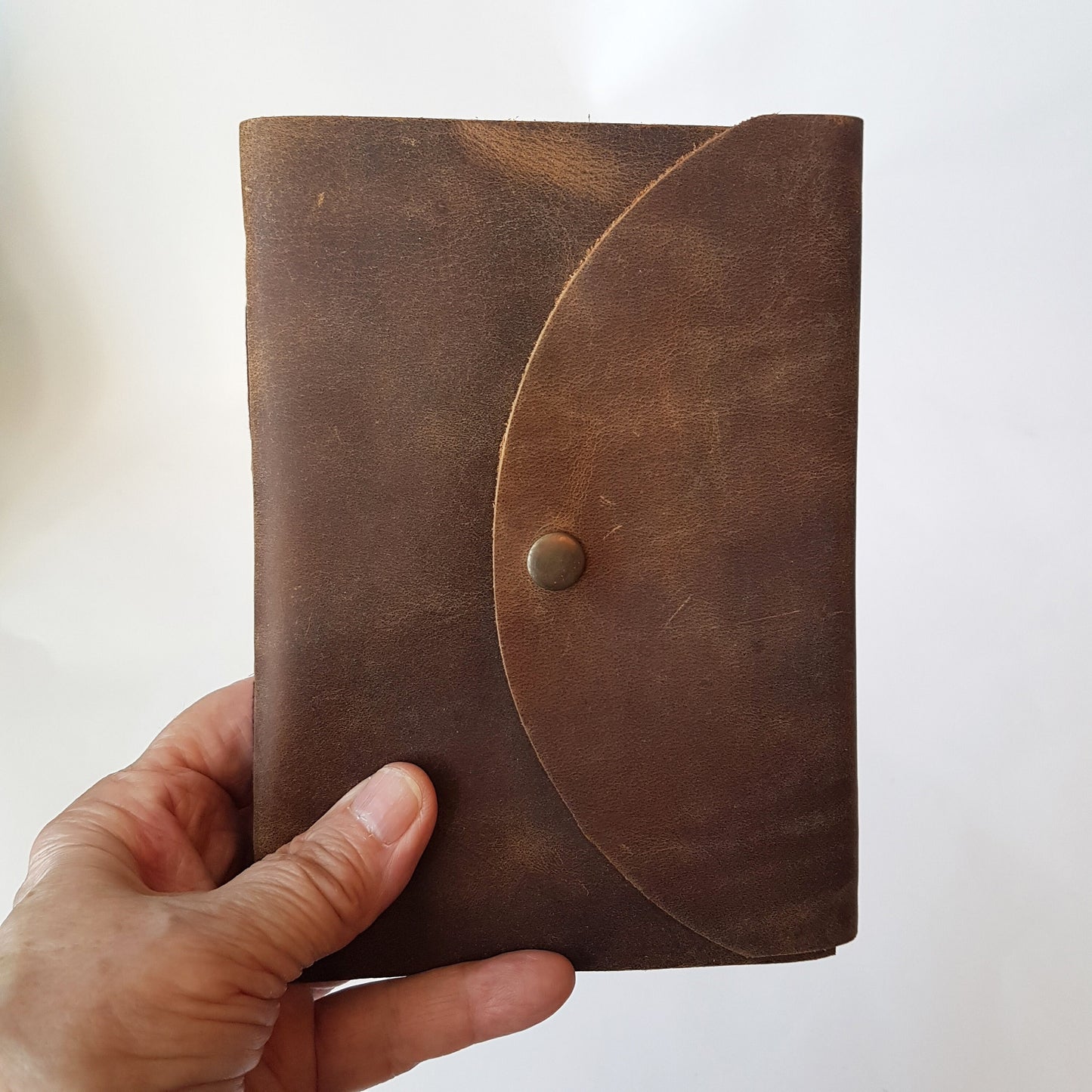 Leather bound diary rustic brown notebook journal. Medieval design grimoire 5 by 7 inches with pewter button closure. Handmade artisan paper - Vintage India Ca