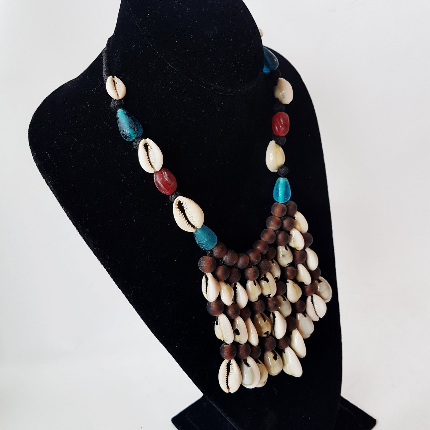 Tribal gypsy necklace natural cowrie shells and translucent hand blown glass beads adjustable length drawstring cord 25-35 inch length - Vintage India Ca