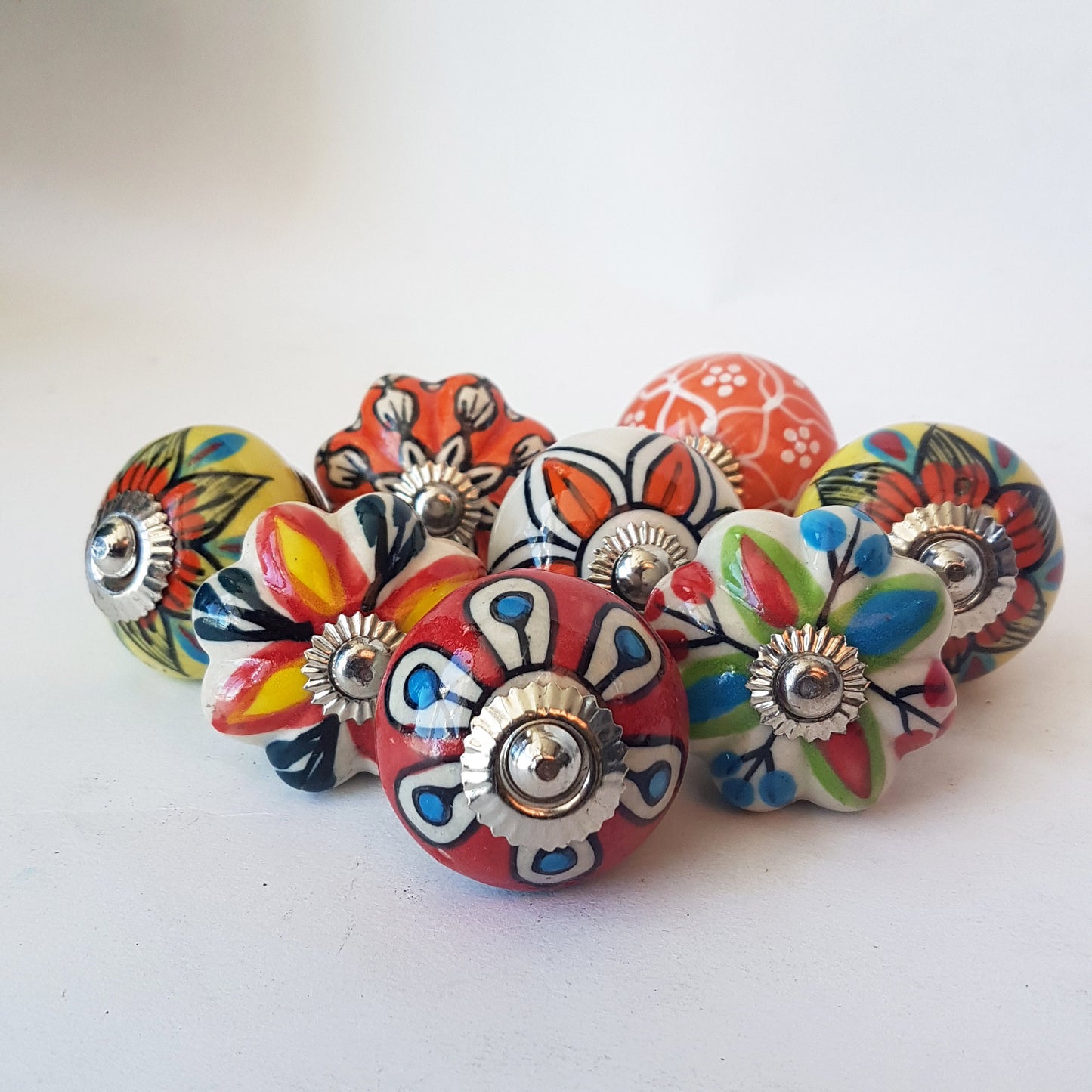Tropicale collection of 8 designer hand painted knob pulls for cabinets and cupboards, dresser drawers. Exclusive vibrant floral designs. - Vintage India Ca